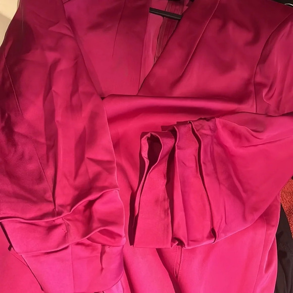 RACHEL ZOE Elegant Fuchsia Pink Open Front 3/4  RushGathered Sleeve Blazer Sz L - Picture 5 of 15